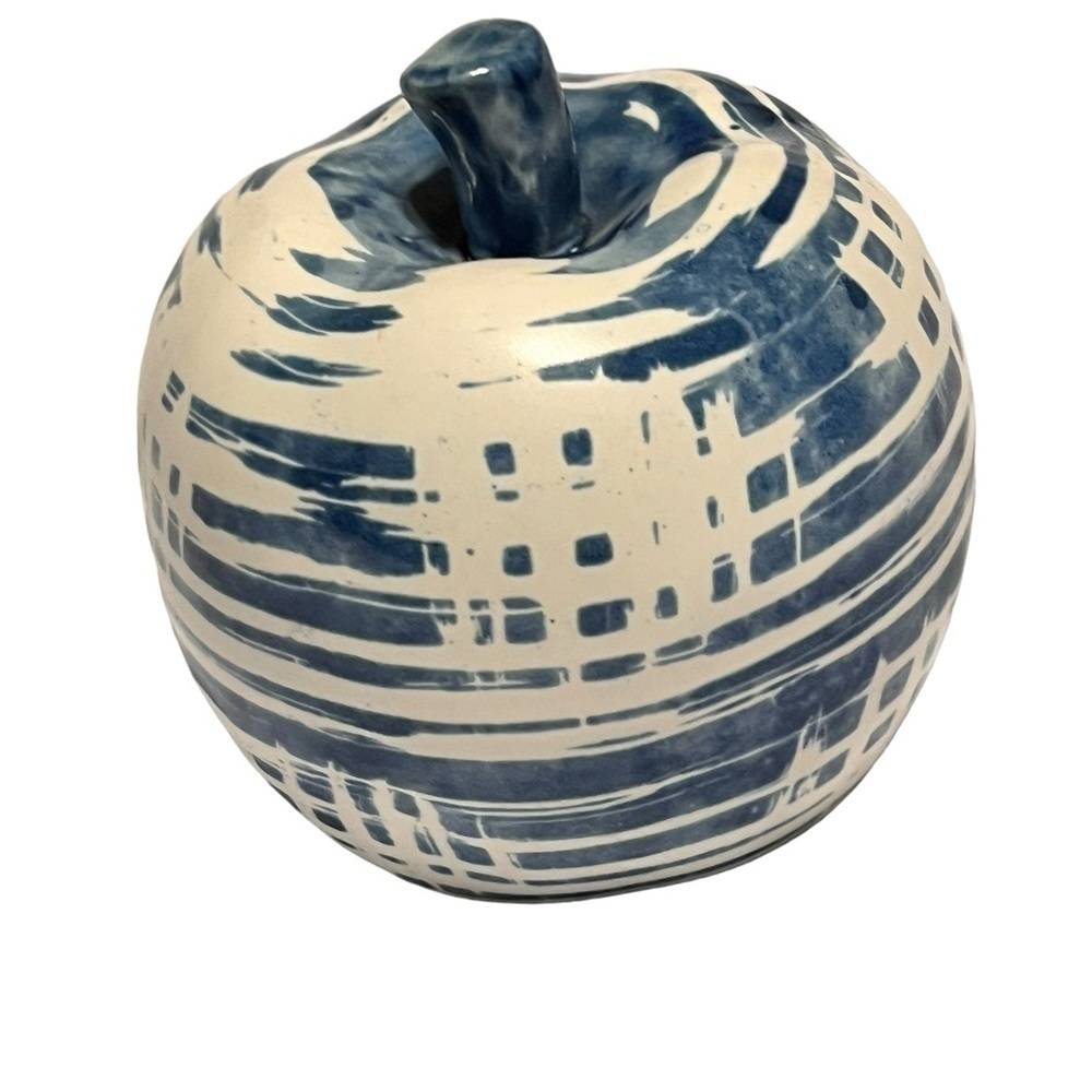 Apropos home Blue & white ceramic brush stoke Apple with stem decor 5”x 4”
